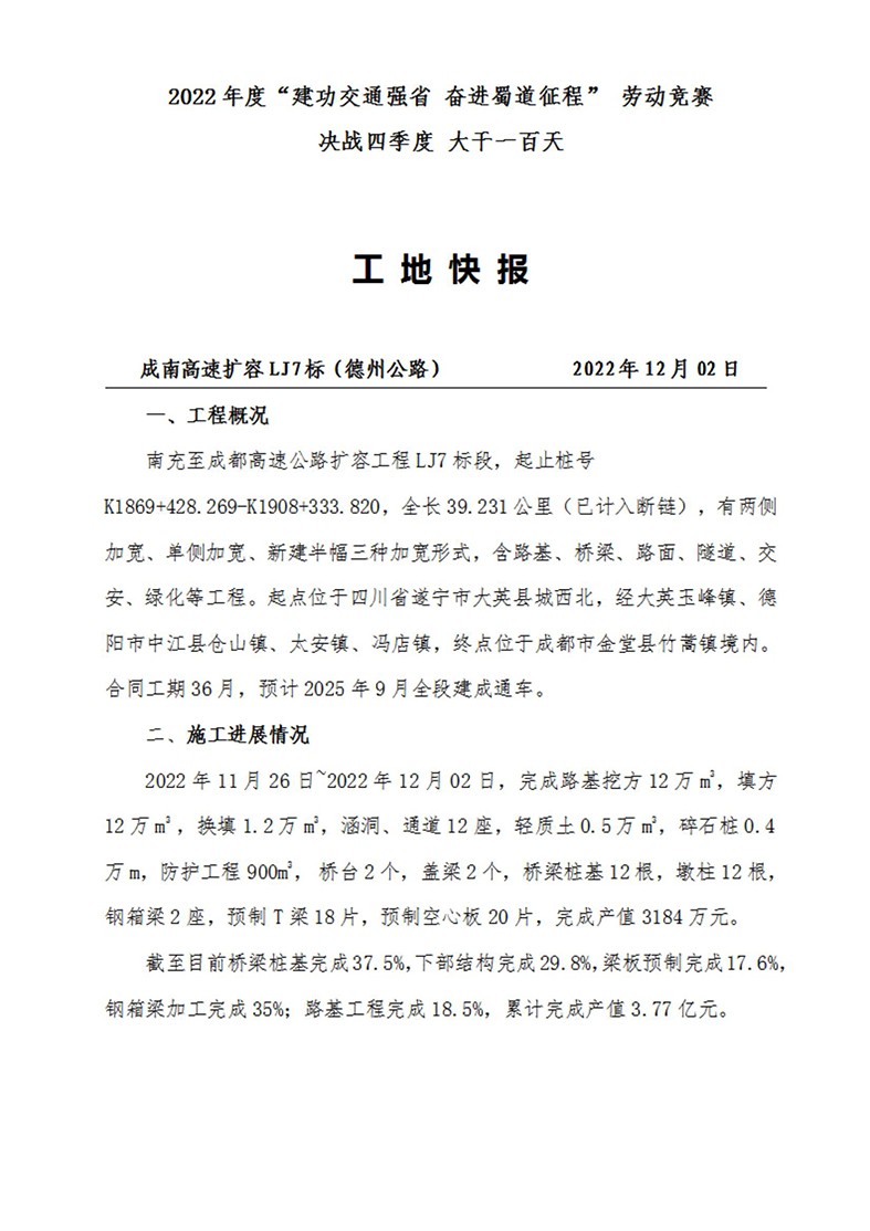 成南高速專(zhuān)題報道——2022年度“建功交通強省 奮進(jìn)蜀道征程” 勞動(dòng)競賽 決戰四季度 大干一百天（2022年12月2日）